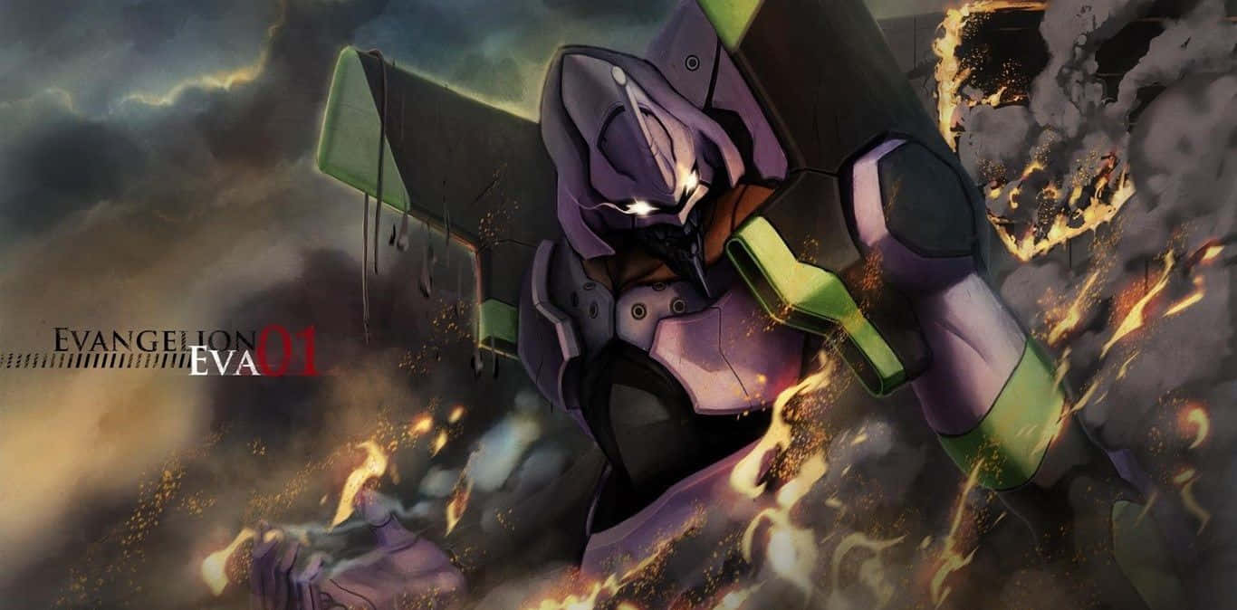 Evangelion 機體在暴風雨的天空下，於火焰和煙霧中戰鬥。