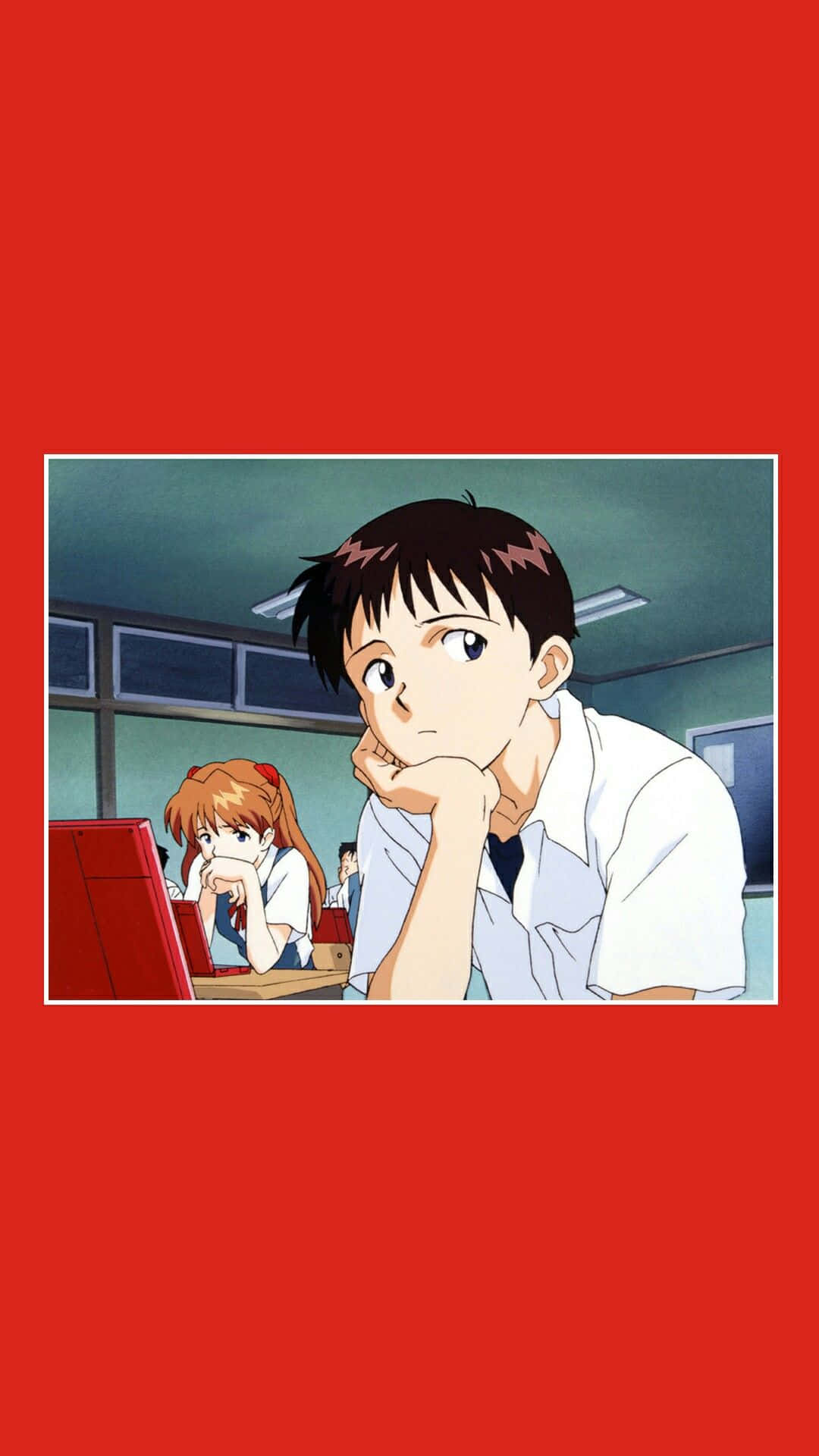 《新世紀福音戰士》紅色動漫美學 壁紙 — 一個年輕的動畫男孩在課室裡用手托著下巴向上望，旁邊有一個女孩。