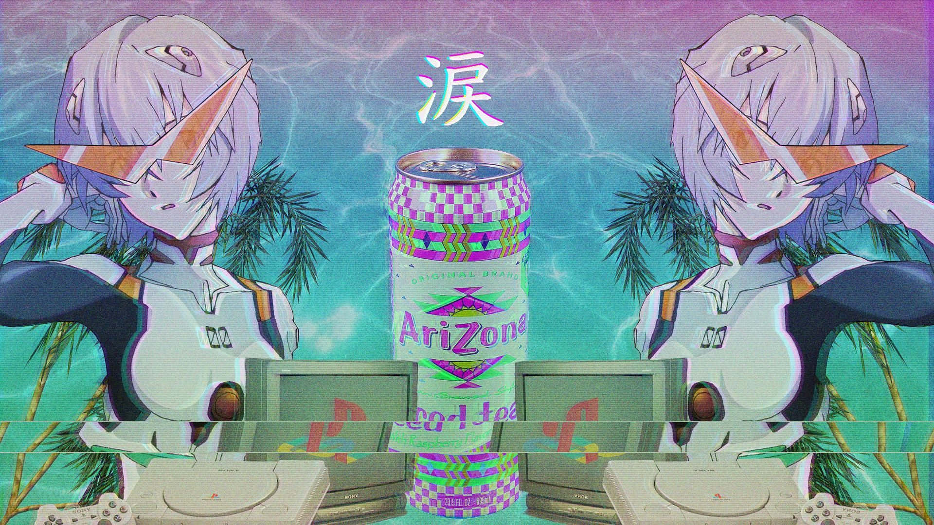 動漫角色夾著汽水罐，旁邊有復古遊戲機和棕櫚樹。