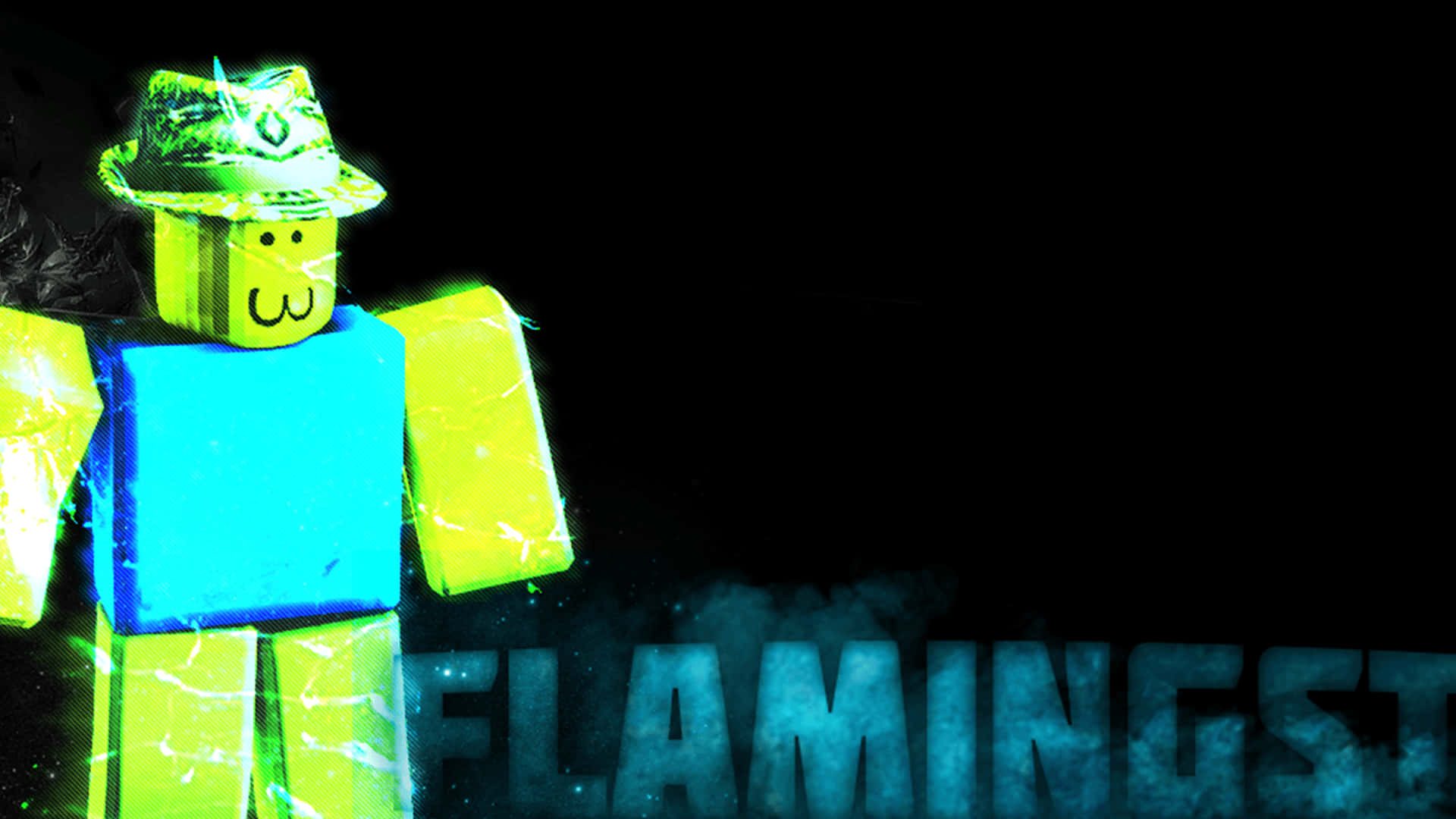 新入門Roblox？一步一步來。 壁紙 — 一個戴帽子的發光綠色和藍色方塊頭像，站在帶有煙霧藍色文字的黑色背景前。