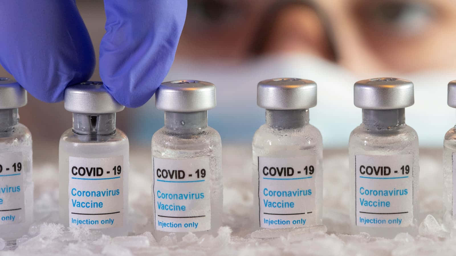 戴藍色手套的手在冰上處理COVID-19疫苗小瓶。