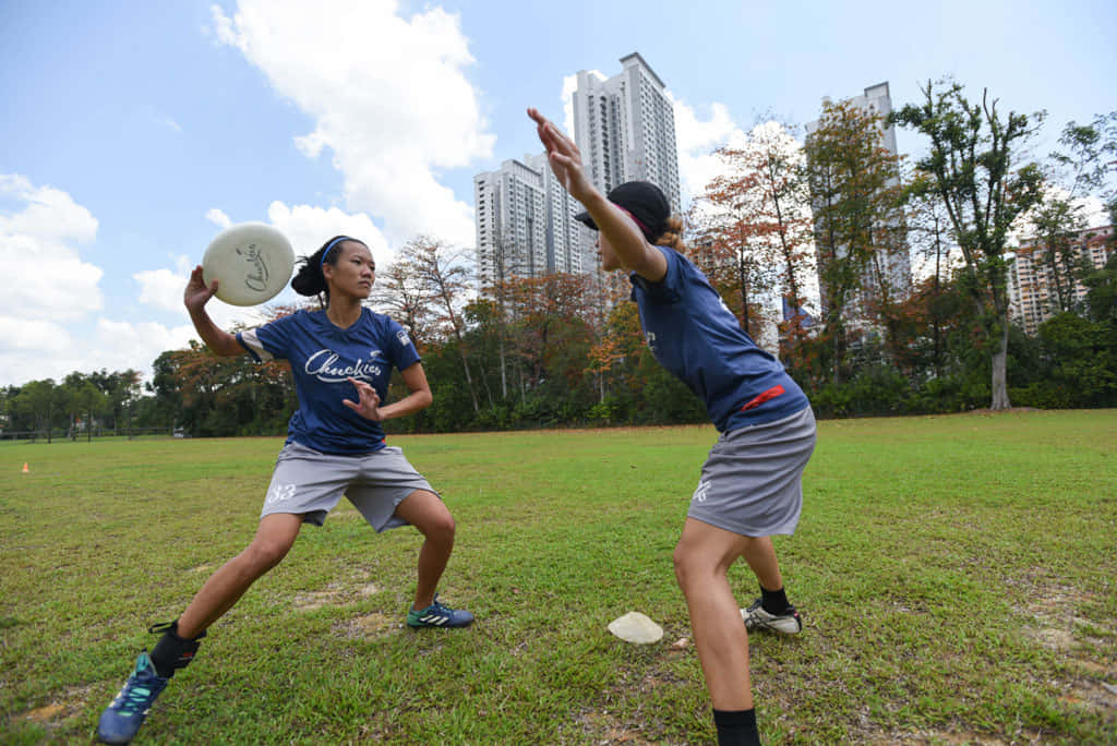 新加坡 Chuckies Club 最佳 Ultimate Frisbee 背景 壁紙 — 兩名身穿藍色球衣的運動員在草地上激烈競爭，背後樹木後方有摩天大樓在晴朗天空下聳立。