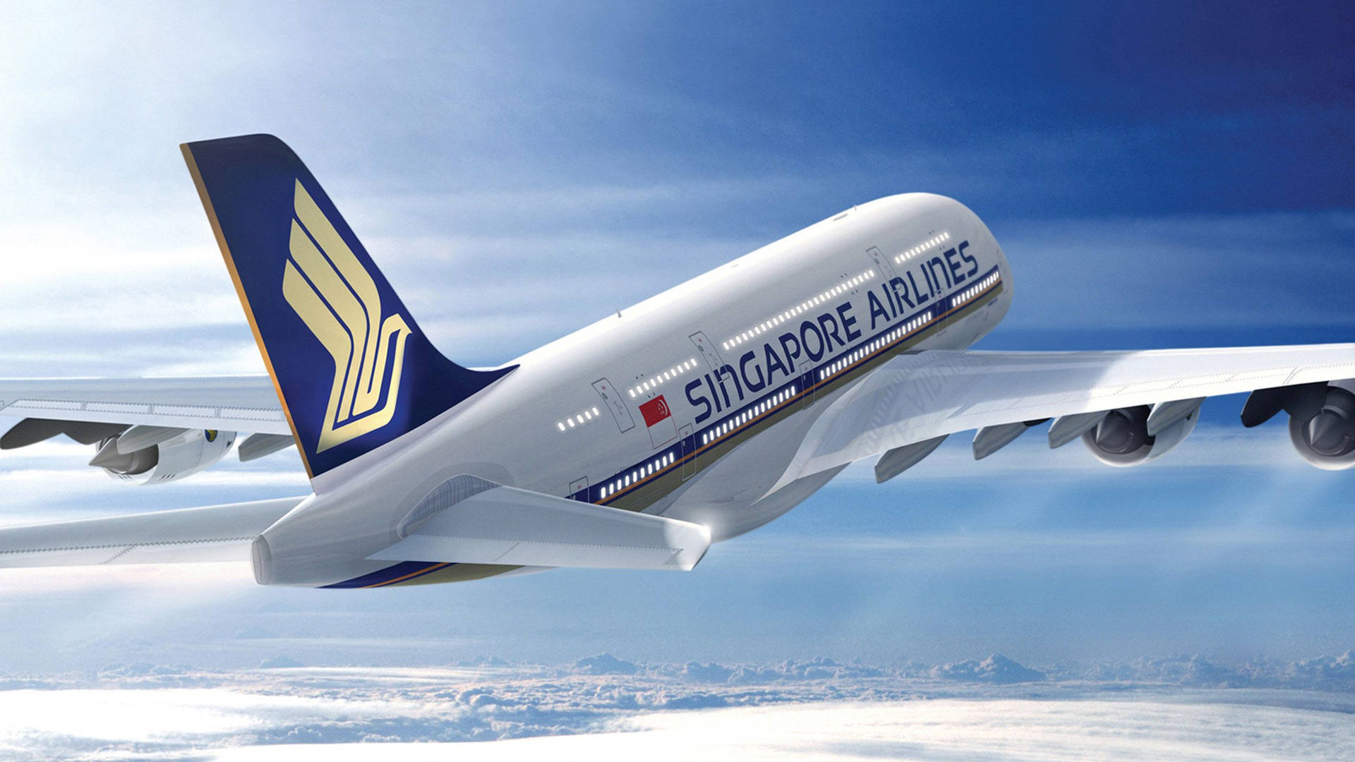 新加坡航空A380在雲層上方飛行，下方有積雪覆蓋的山脈。