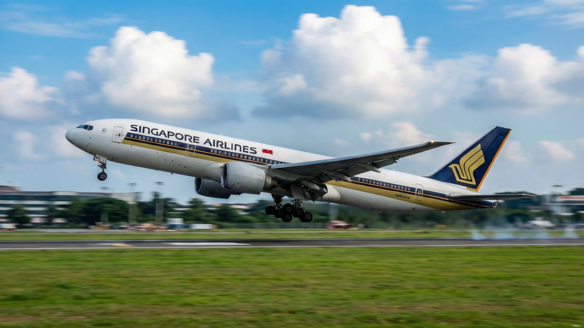 新加坡航空噴射機從跑道上升，上方有雲。