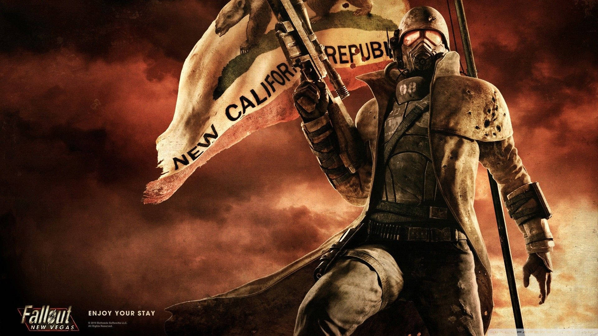 Fallout角色在火熱的荒原中舉著新加州共和國旗幟。