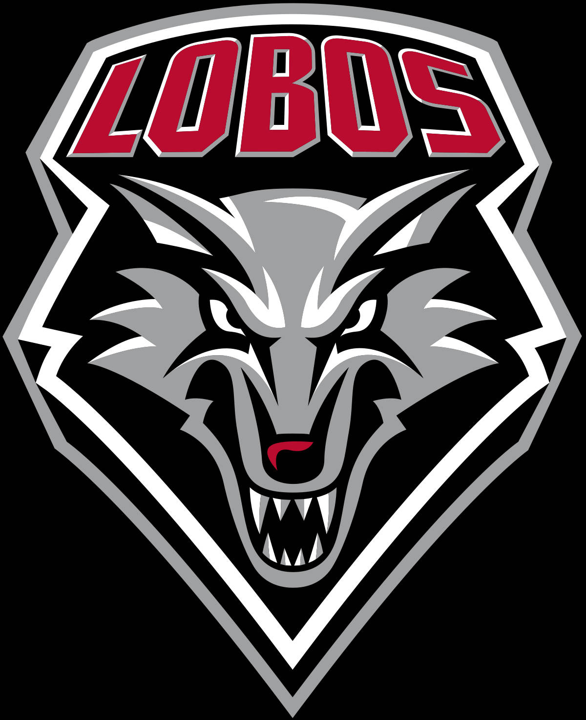 帶有紅色點綴和「LOBOS」字樣的兇猛狼吉祥物標誌。