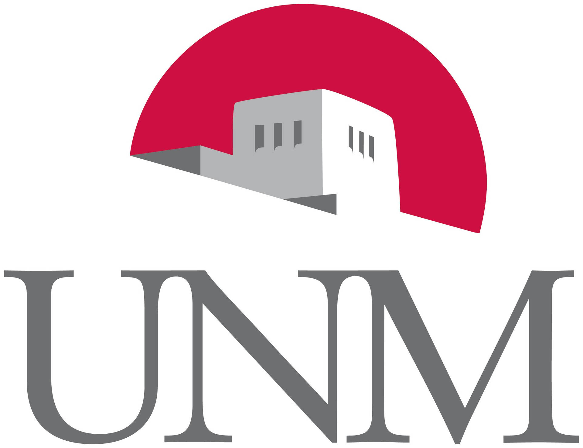 UNM標誌，在紅色拱形下方有風格化建築
