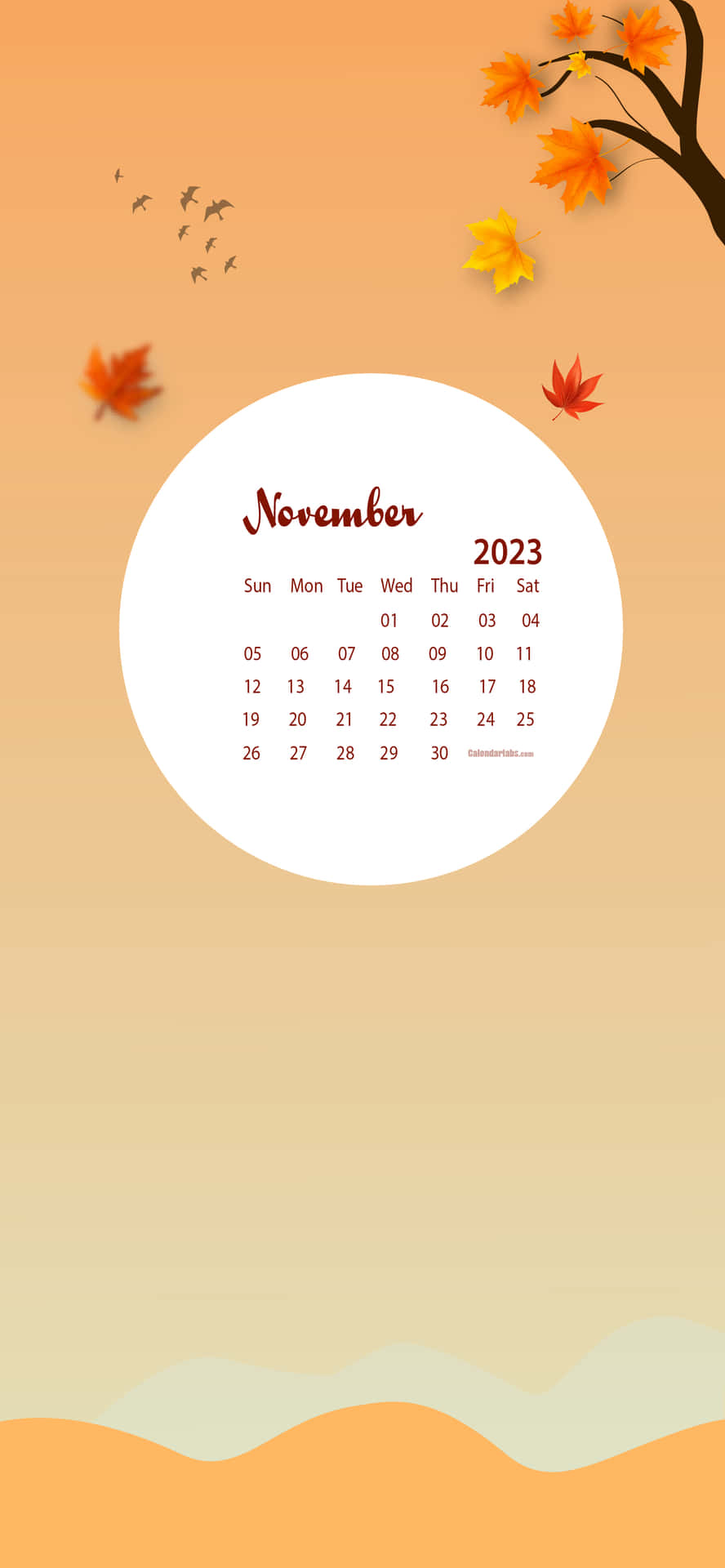 2023年11月月曆，帶有秋葉和鳥兒，背景為溫暖的漸變色。