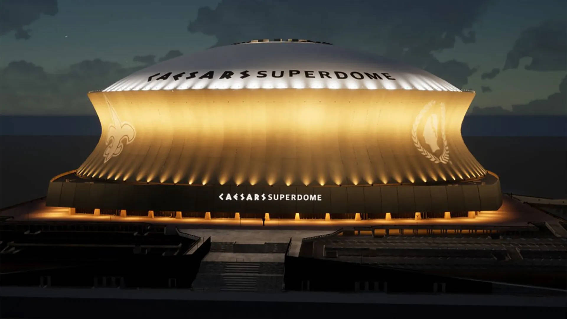 Caesars Superdome 在夜間亮起，帶有發光的標牌和肋狀圓頂結構。