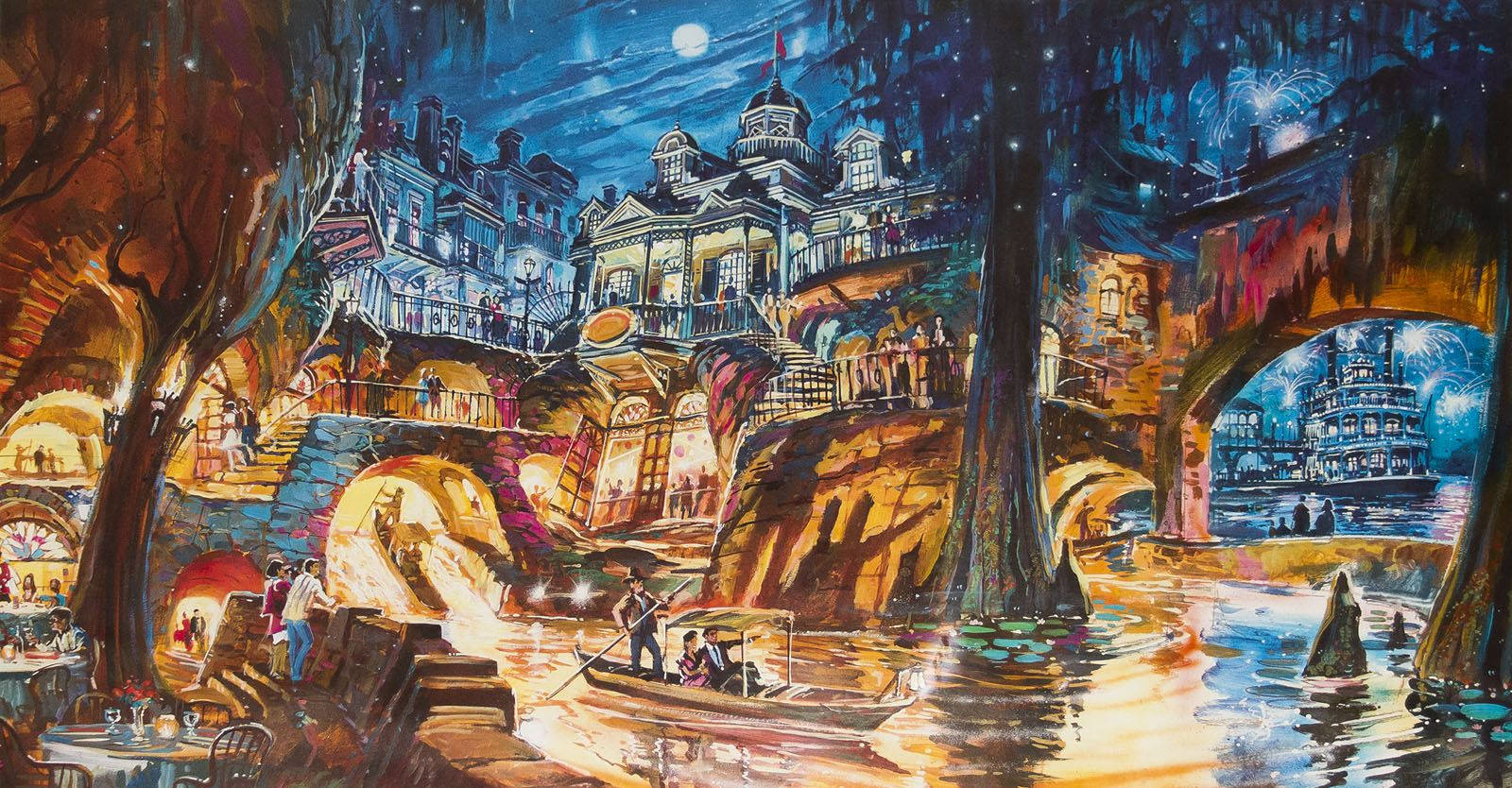 新奧爾良法國區畫作 壁紙 — 一幅充滿活力的水彩夜景，描繪繁華的河邊小鎮，有發光的建築物、煙花，以及人們在星空下享受船隻和露台。