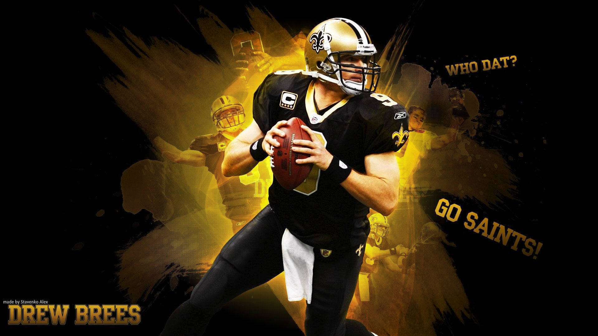 身穿聖徒隊制服的美式足球員持球，帶有「Who Dat?」和「Go Saints!」文字。