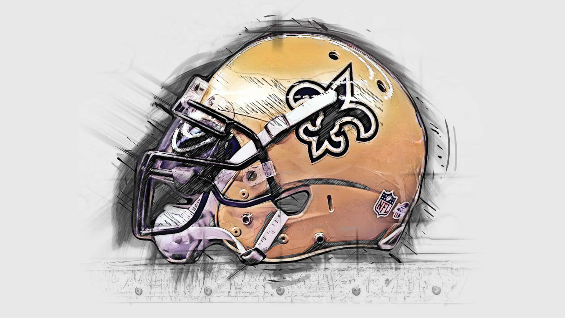 聖人 桌布 壁紙 — 新奧爾良聖徒隊NFL美式足球頭盔的風格化草圖，帶有金色和紫色點綴以及大膽的鳶尾花標誌。