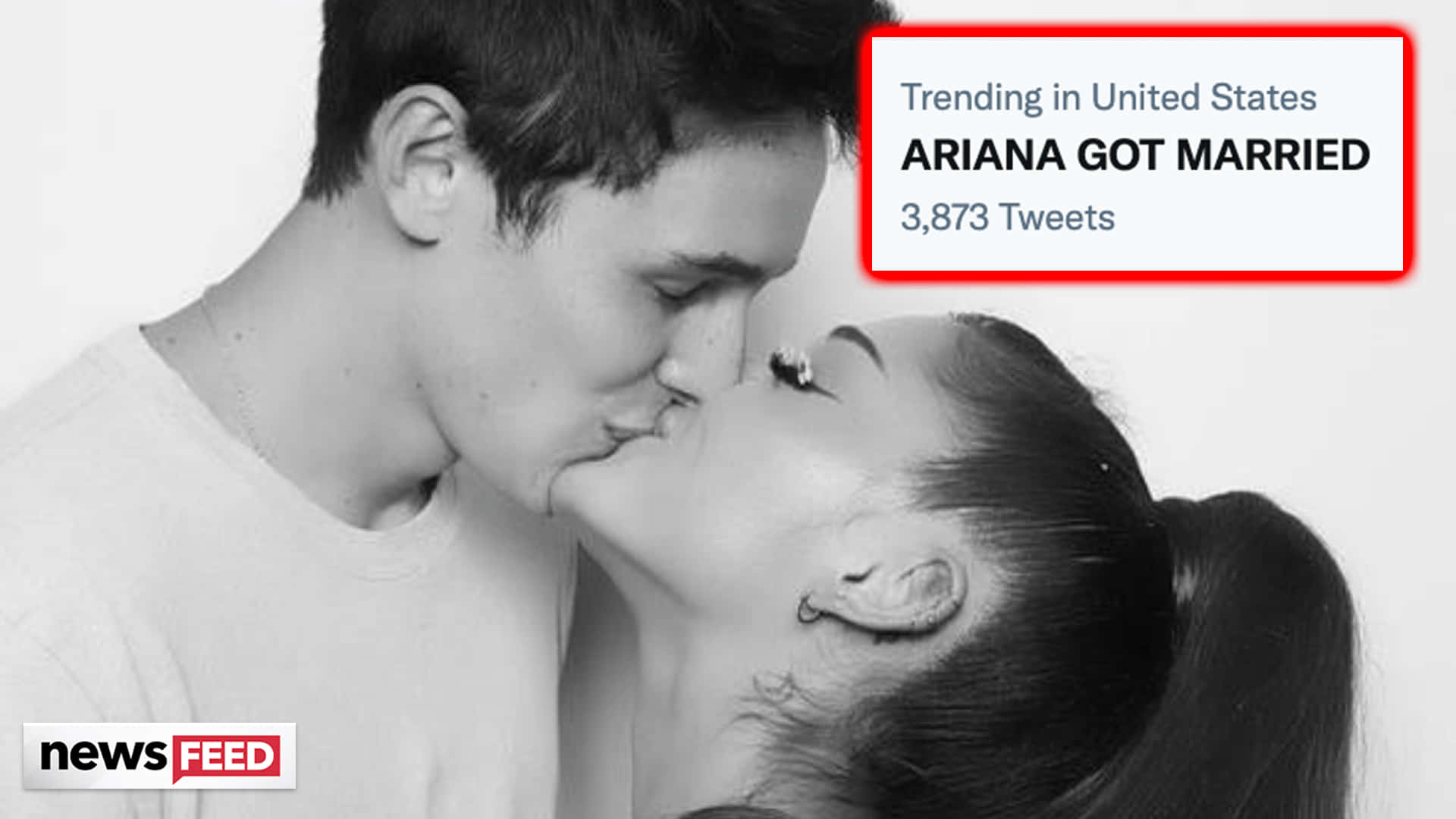一男一女正在接吻，並帶有關於Ariana Grande結婚的社交媒體趨勢提示。