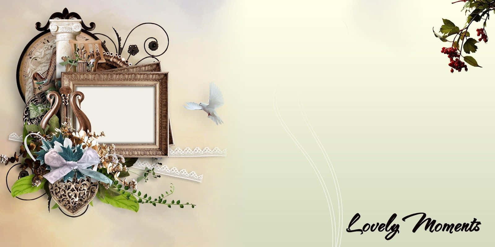 復古相框，以花朵和白鴿裝飾，並帶有「Lovely Moments」字樣。