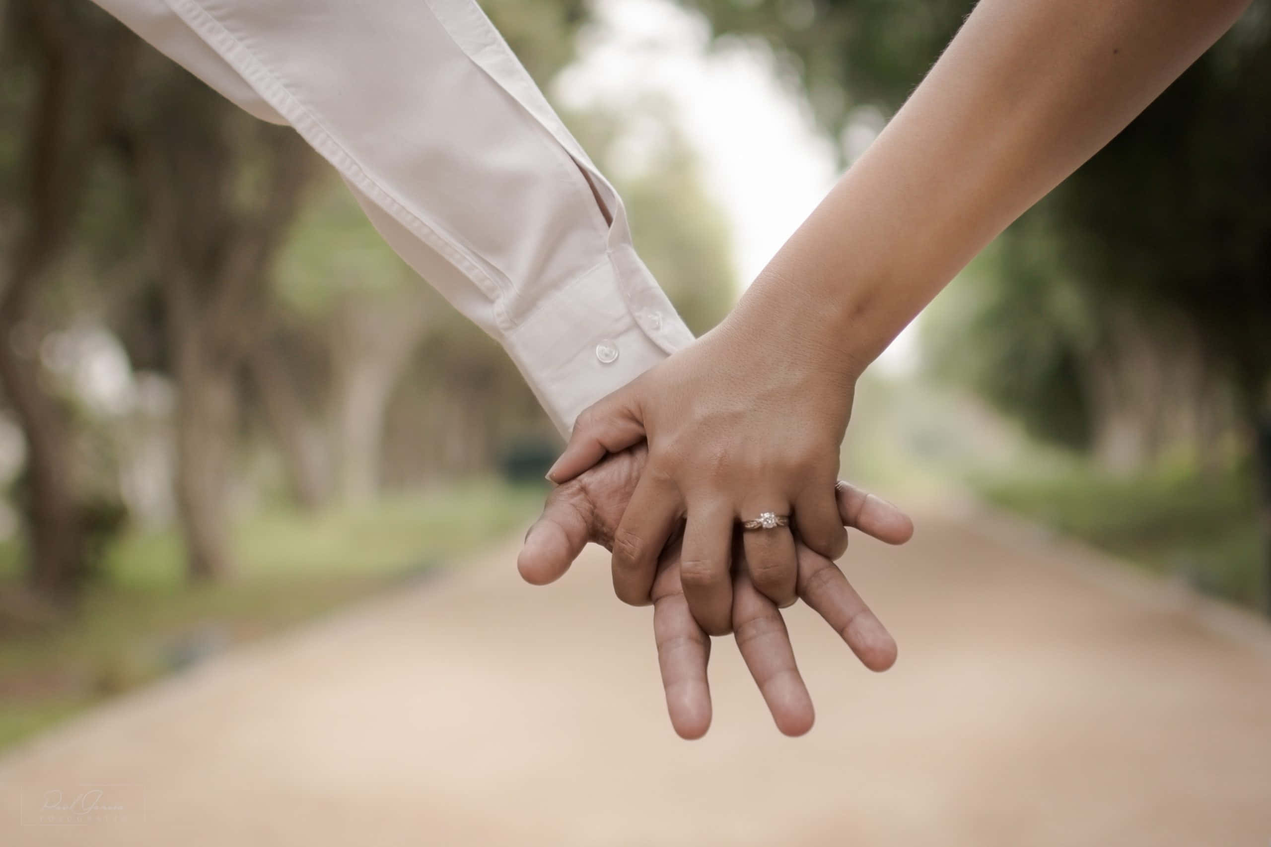 新婚夫婦牽手 壁紙 — 兩隻手緊握在一起，無名指上戴著閃閃發光的訂婚戒指，背景是柔和模糊的公園小徑。