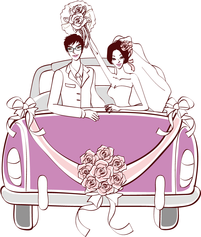 新婚夫婦駕車插圖 壁紙 — 一對卡通新人喺紫色婚車上微笑，車身裝飾咗蝴蝶結同玫瑰。