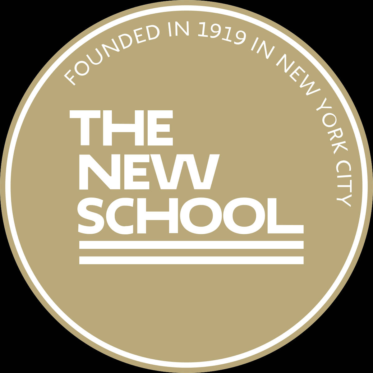 The New School 的圓形米色標誌，帶有白色文字，於1919年在紐約市成立。
