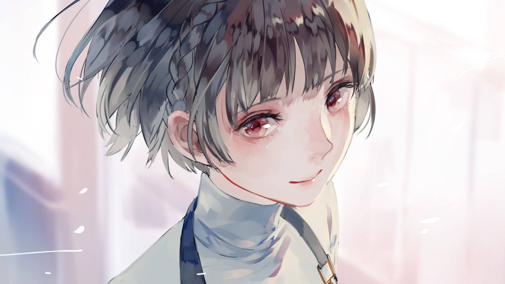 新島真美學動漫頭像 壁紙 — 一個溫柔的動漫女孩，灰色頭髮和紅色眼睛，在模糊的柔和背景前微笑。