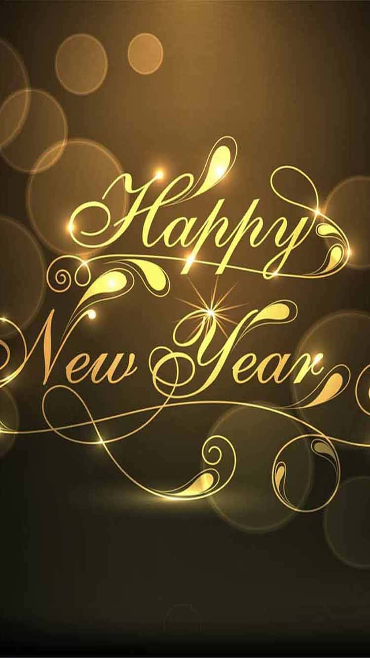金色 'Happy New Year' 文字配上發光散景燈光，適合慶祝。