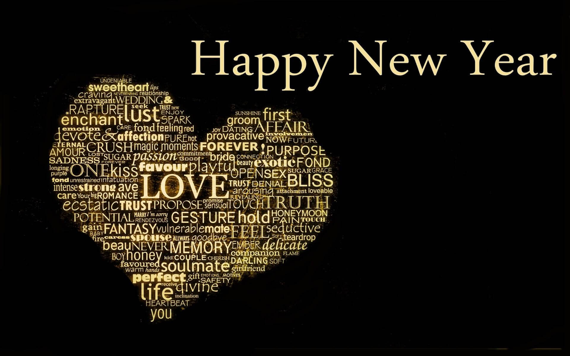 金色心形文字雲，帶有「Happy New Year」和浪漫詞語，黑色背景。 — 新年動畫 壁紙