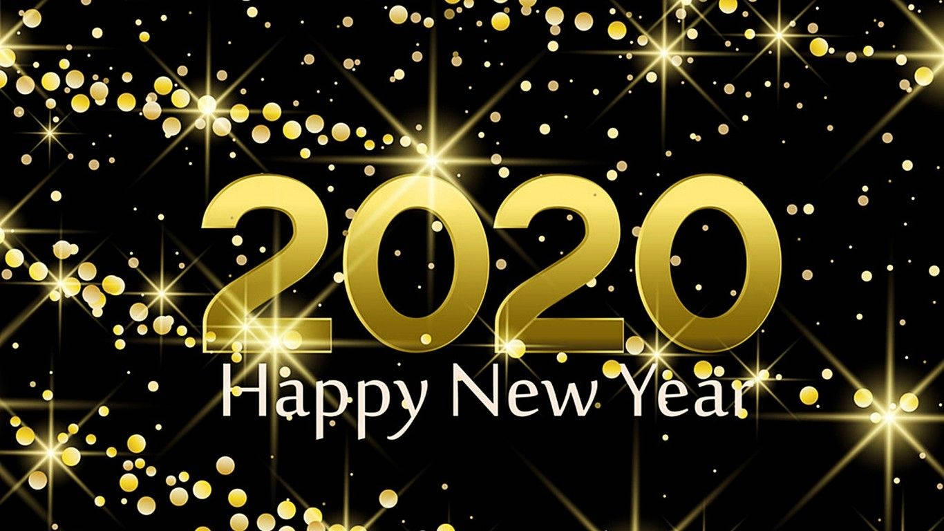 金色2020 Happy New Year文字，黑色背景上閃爍的星星
