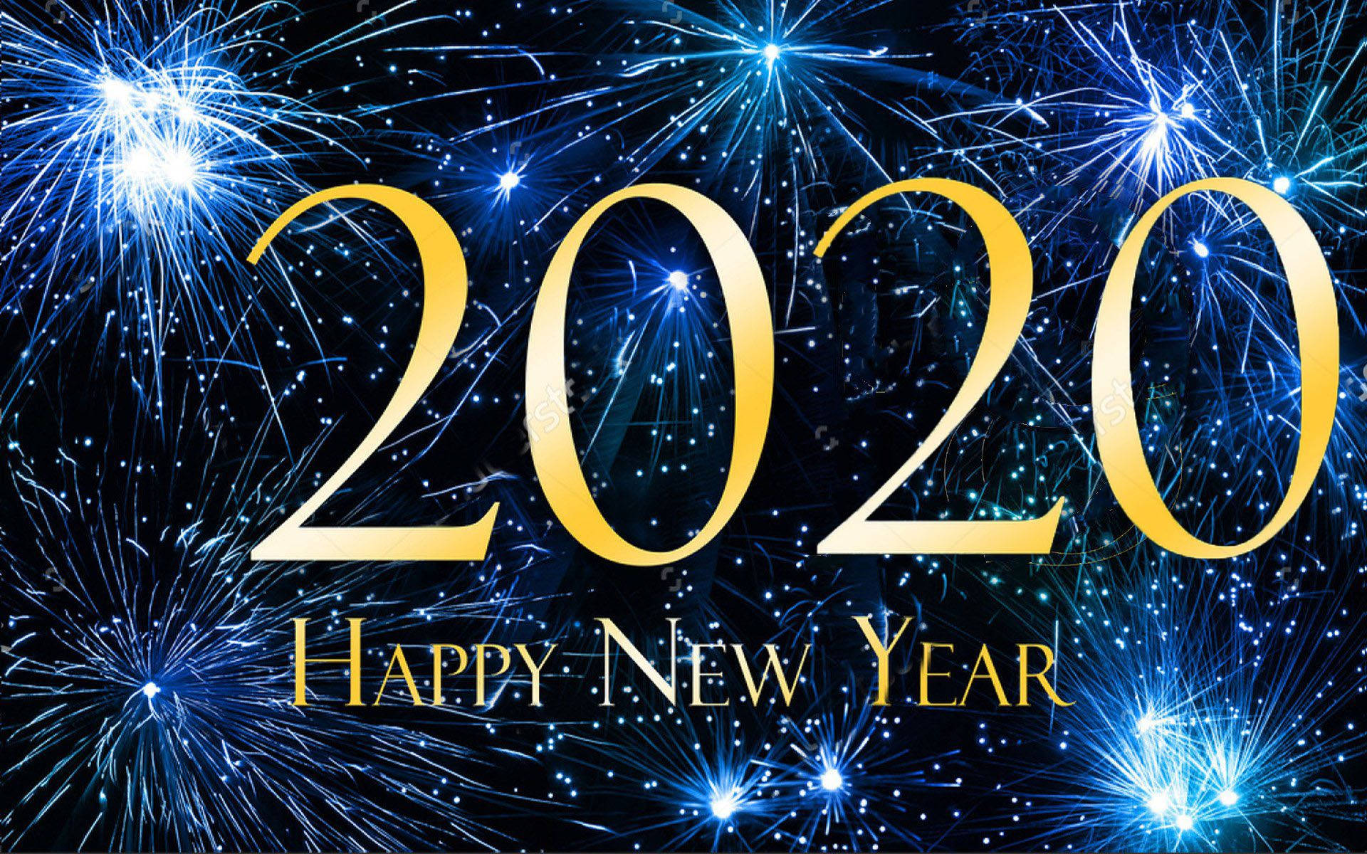 夜晚藍色煙火同金色「2020 Happy New Year」文字。