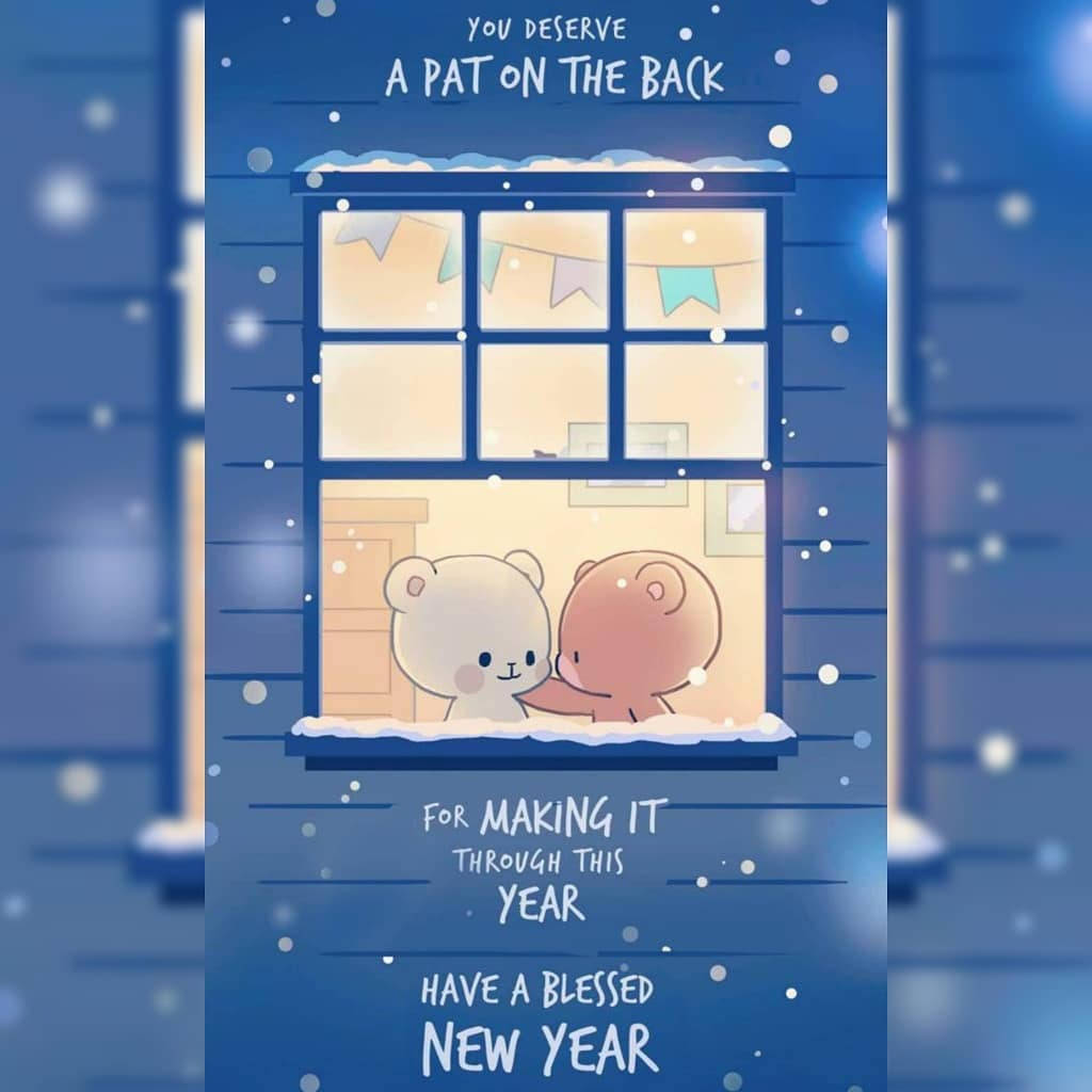 兩隻熊在雪窗前擁抱，帶有新年祝福文字。