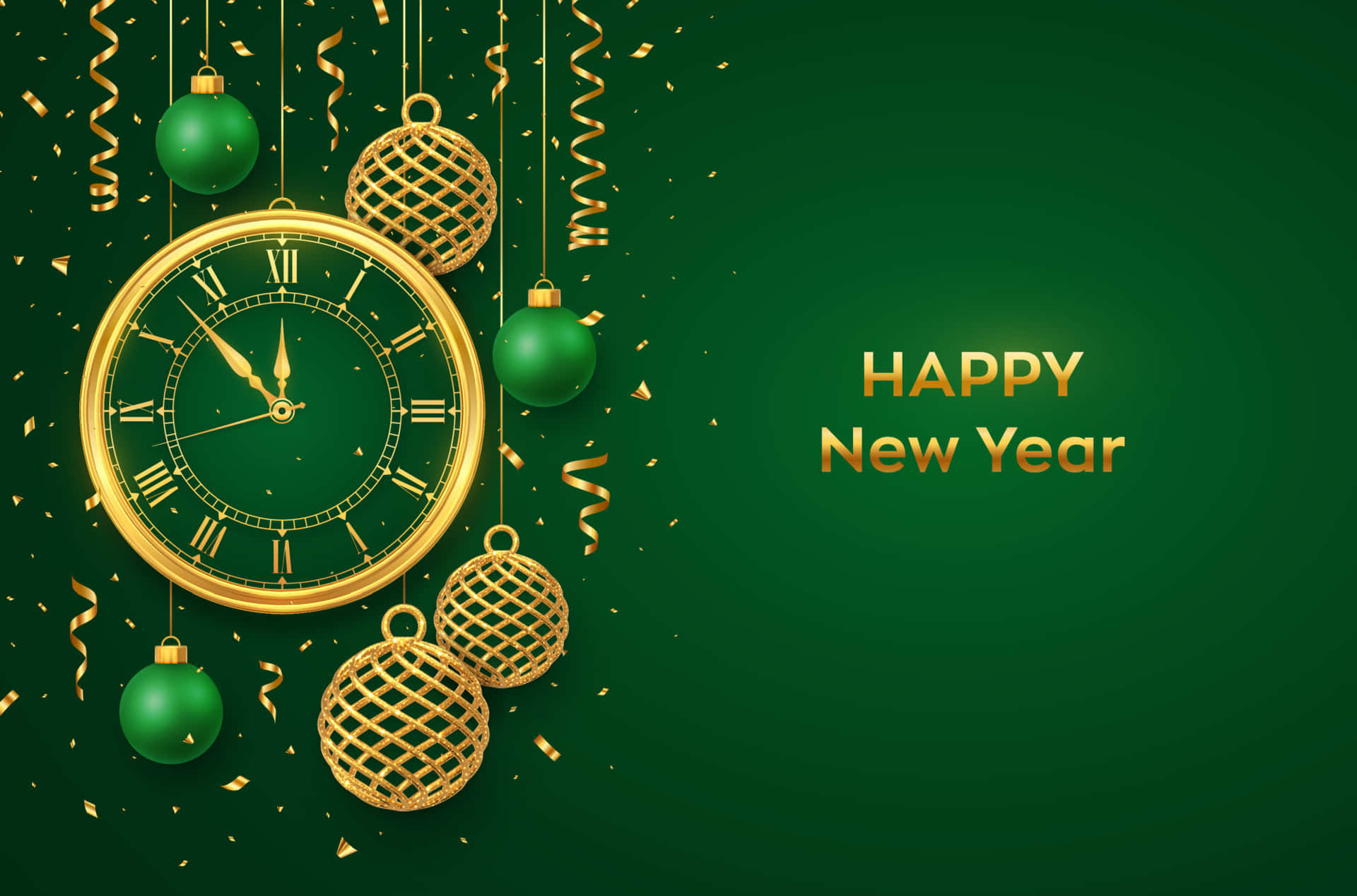 新年快樂背景配時鐘與金色裝飾 壁紙