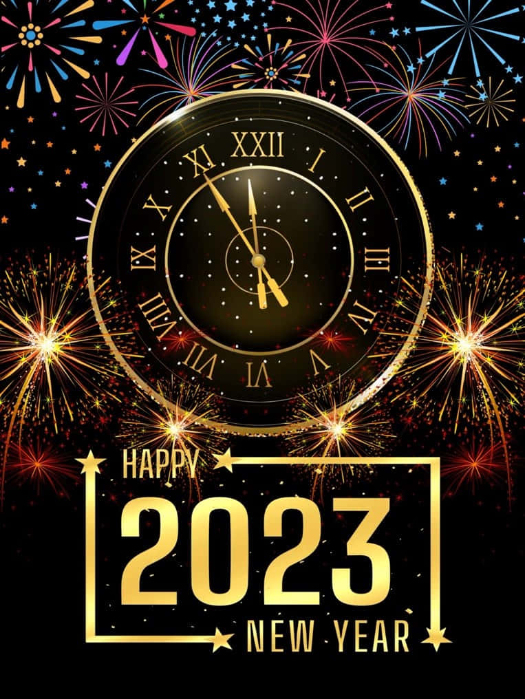 金色時鐘配煙花和「Happy 2023 New Year」文字，用於除夕。