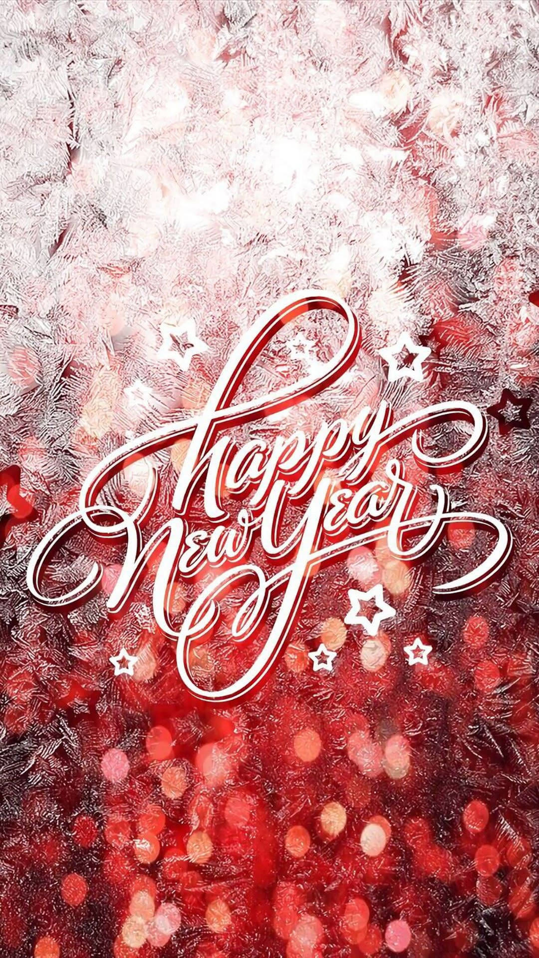 結霜嘅窗戶帶有紅色燈光同 'Happy New Year' 文字，用嚟慶祝。 — 新年動畫 壁紙