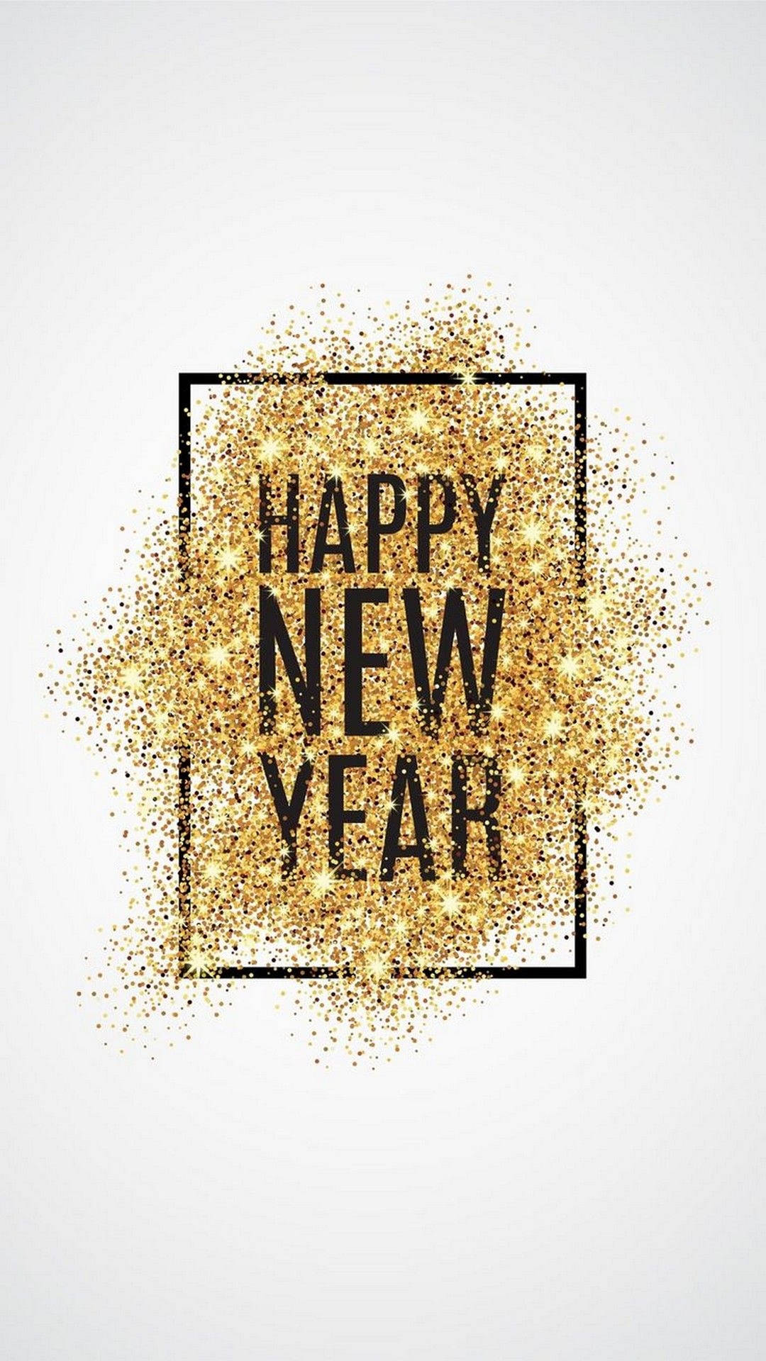 黑色正方形框內有黑色新年快樂文字和金色閃粉爆發。 — 新年動畫 壁紙