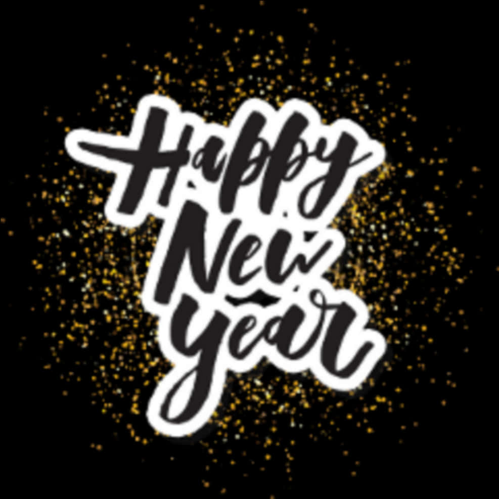新年閃耀文字 壁紙 — 大膽的黑白書法文字在黑色背景上寫著「Happy New Year」，並帶有金色閃粉顆粒。