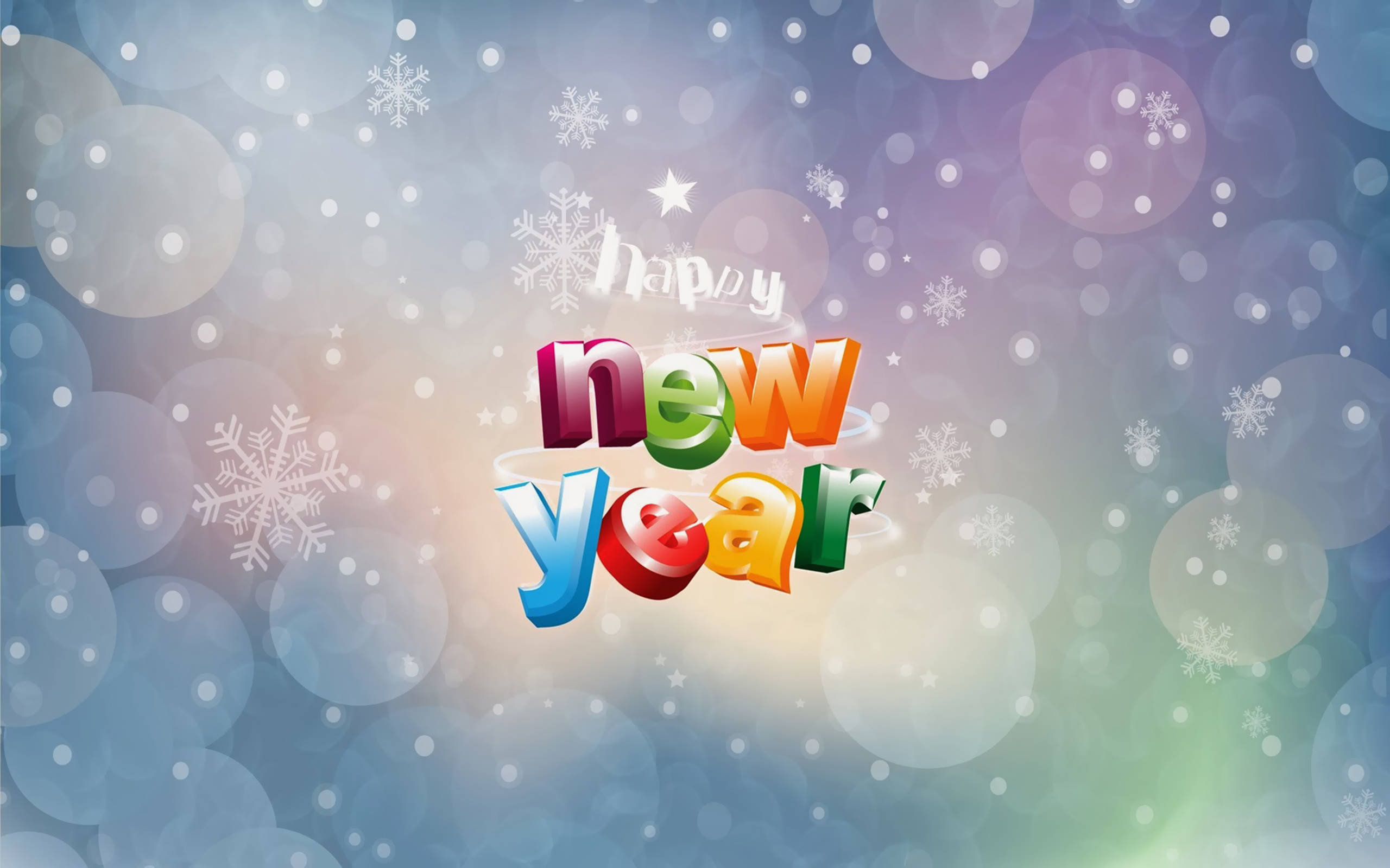 新年雪花背景 壁紙 — 充滿活力的3D「新年快樂」文字，搭配雪花和散景燈光，在漸變冬季背景上。