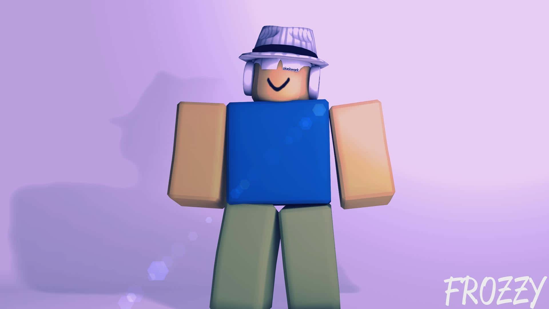 新手入門 Roblox？一起踏上冒險之旅吧！ 壁紙 — 一個方塊狀的 Roblox 頭像，穿著藍色襯衫和條紋帽子，站在柔和的紫色背景前，帶有鏡頭光暈效果。