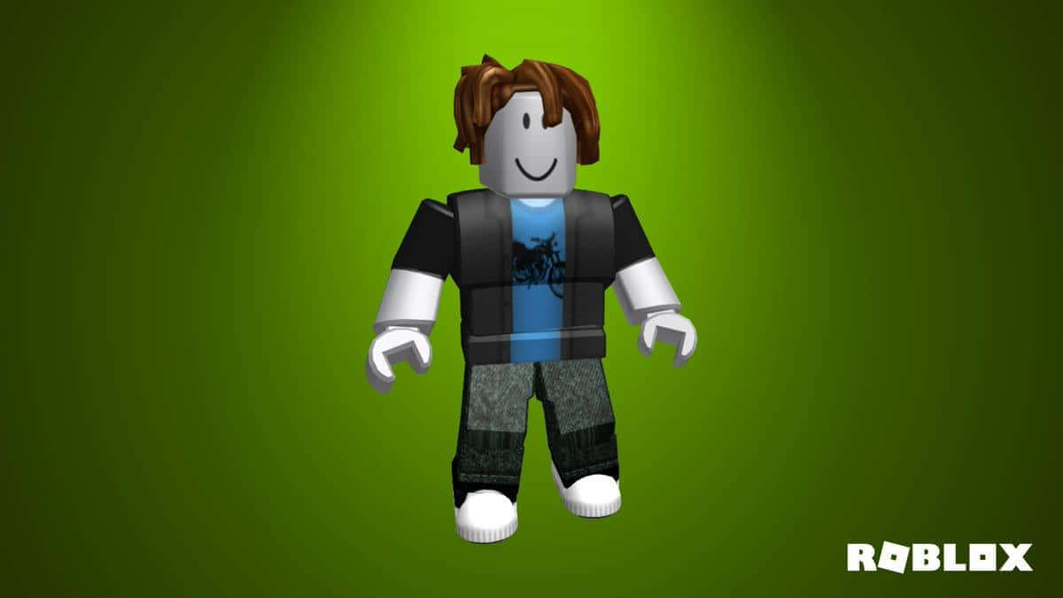 新手警報！別錯過Roblox的樂趣 壁紙 — 一個棕色頭髮、身穿藍色襯衫的 Roblox 虛擬角色站在發光的綠色漸變背景前。
