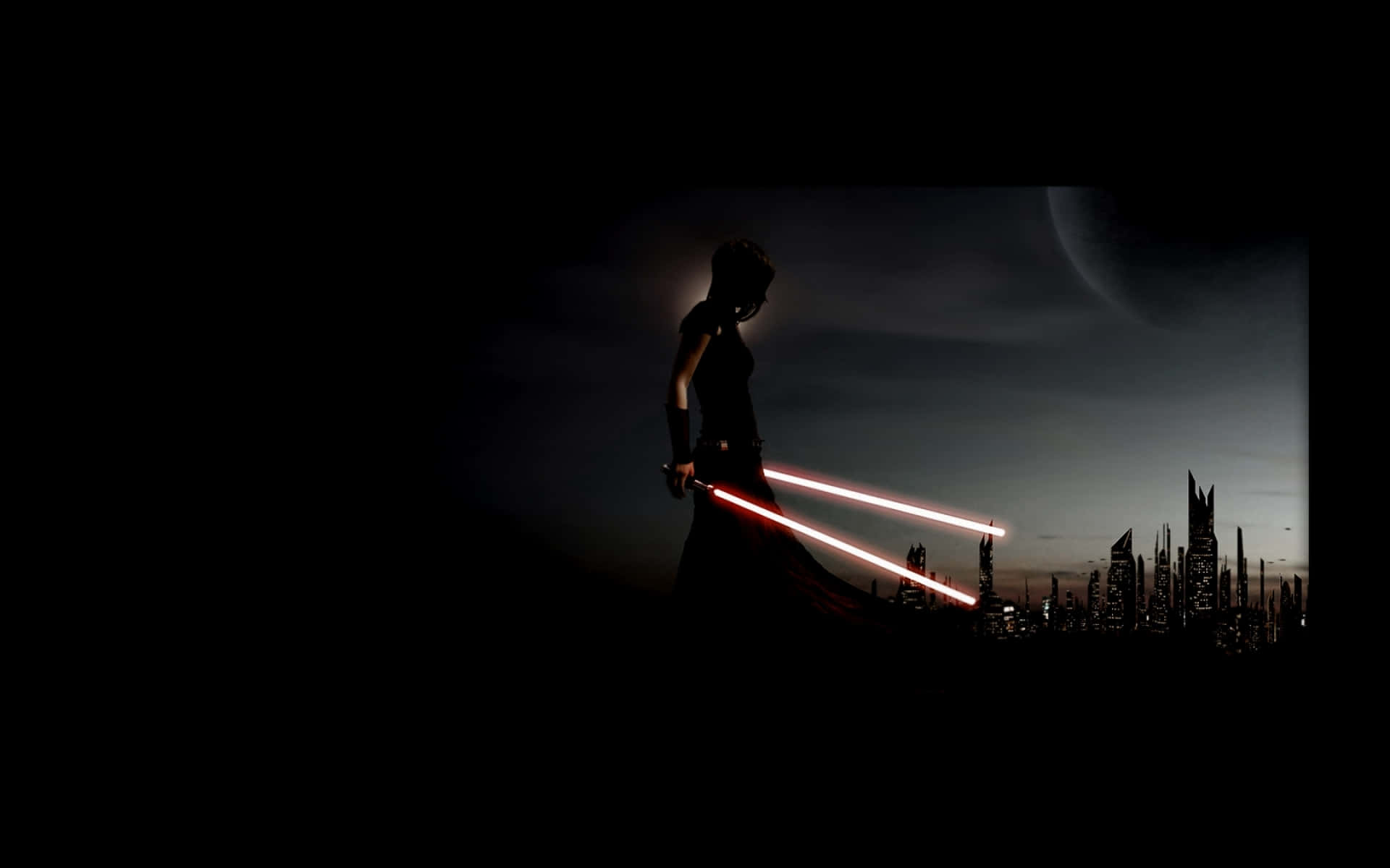 Lightsaber Duels 桌布 壁紙 — 新月下，一名戰士揮舞兩把紅色光劍，背景是黑暗的未來城市天際線的剪影。