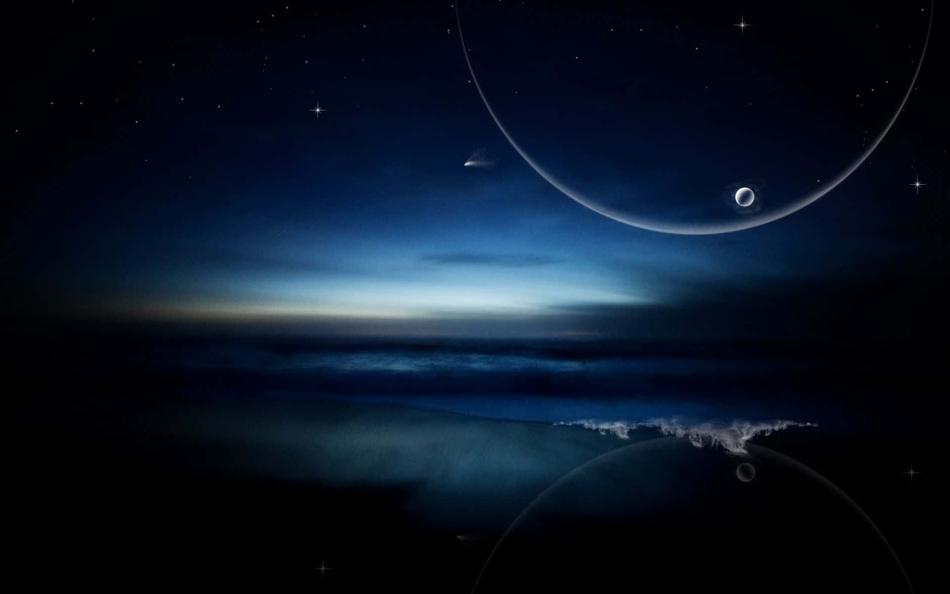 月光 桌布 壁紙 — 新月下深藍夜空中的宇宙海景，閃爍的星星和遙遠的行星。
