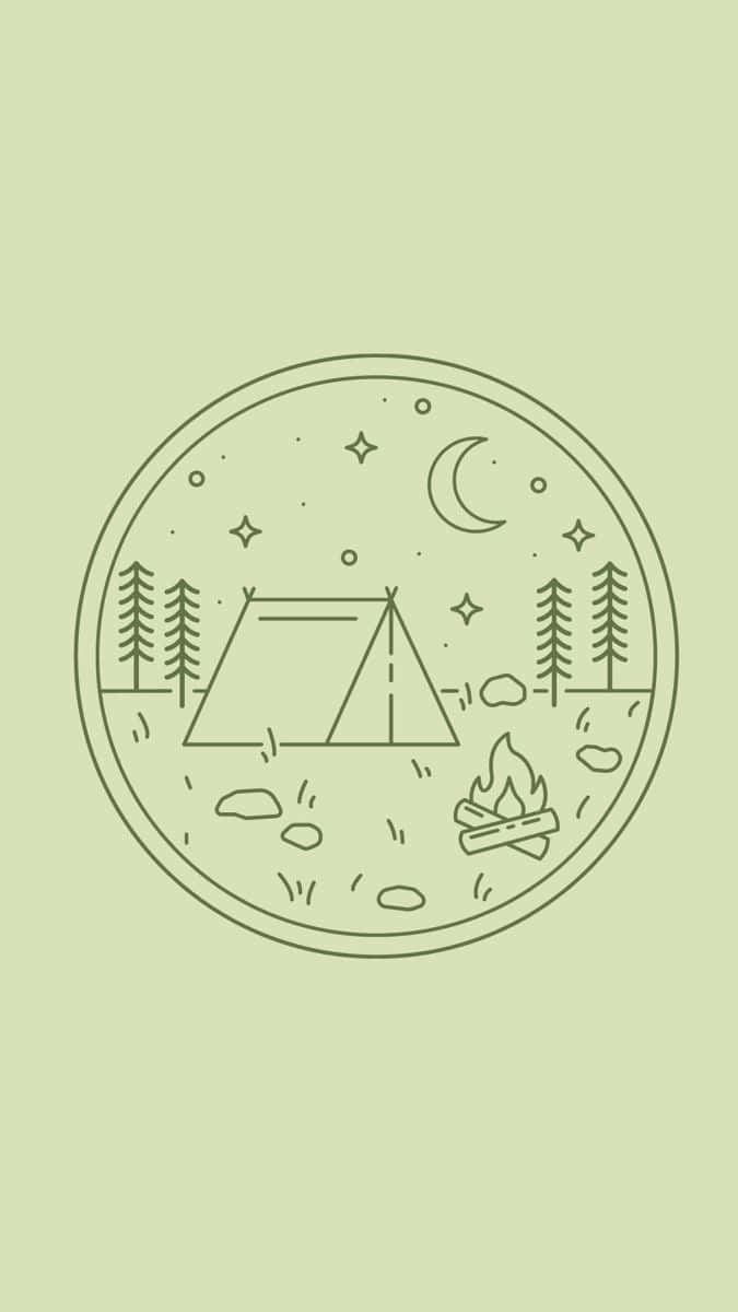 Minimalist Camping 桌布 壁紙 — 新月和星星下，一個露營地的極簡線條畫，有兩個帳篷、營火和松樹。