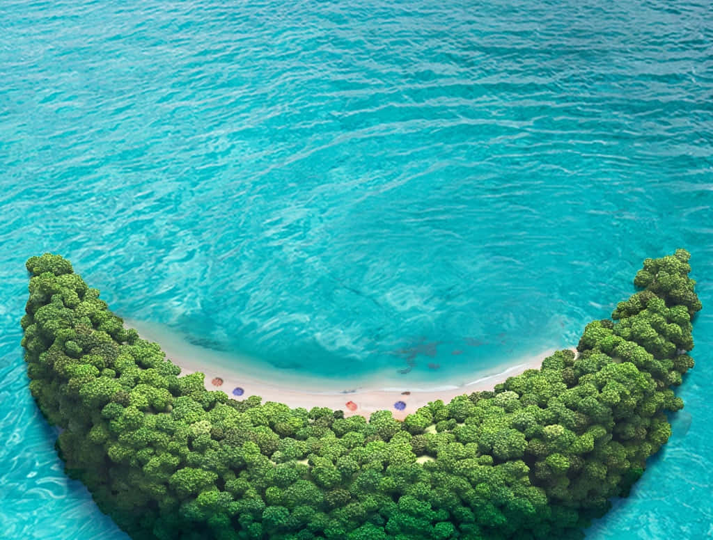 Bahamas Island 桌布 壁紙 — 新月形熱帶島嶼的鳥瞰圖，茂密的綠色樹木和碧綠的海水環繞著一個帶有彩色遮陽傘的沙灘。