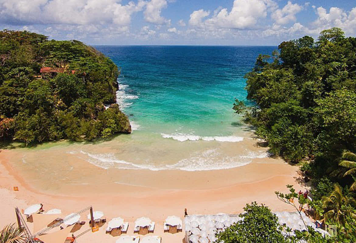 Jamaican Beach 桌布 壁紙 — 新月形熱帶海灘的鳥瞰圖，碧綠的海水拍打著粉紅色的沙灘，四周環繞著茂密的綠色叢林。