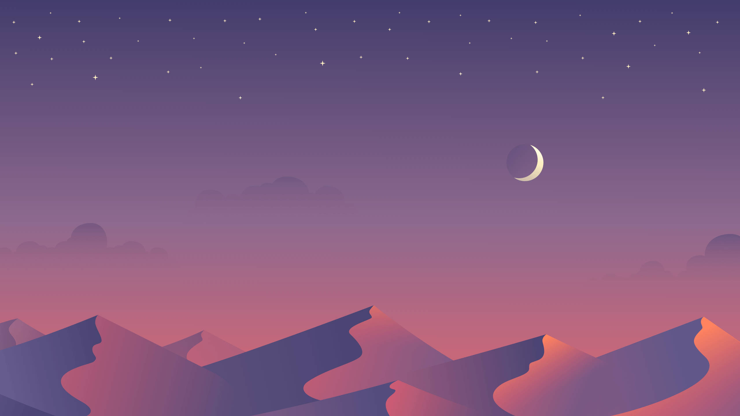 新月與繁星下的山巒景致 壁紙