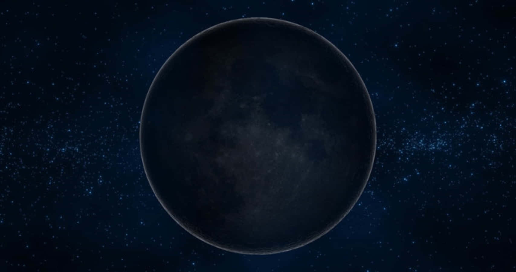 一顆暗色行星，表面細節映襯在繁星點點的藍色宇宙背景中。