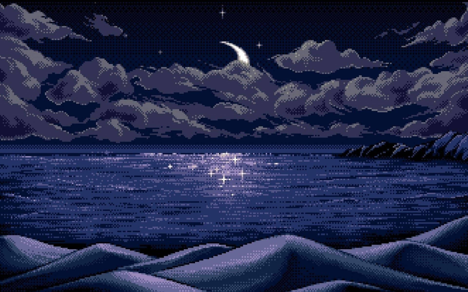 新月雲海海景美學桌面壁紙 壁紙 — 像素藝術夜景，新月、星星和烏雲映照在平靜的海洋上，前景是白雪覆蓋的山丘。