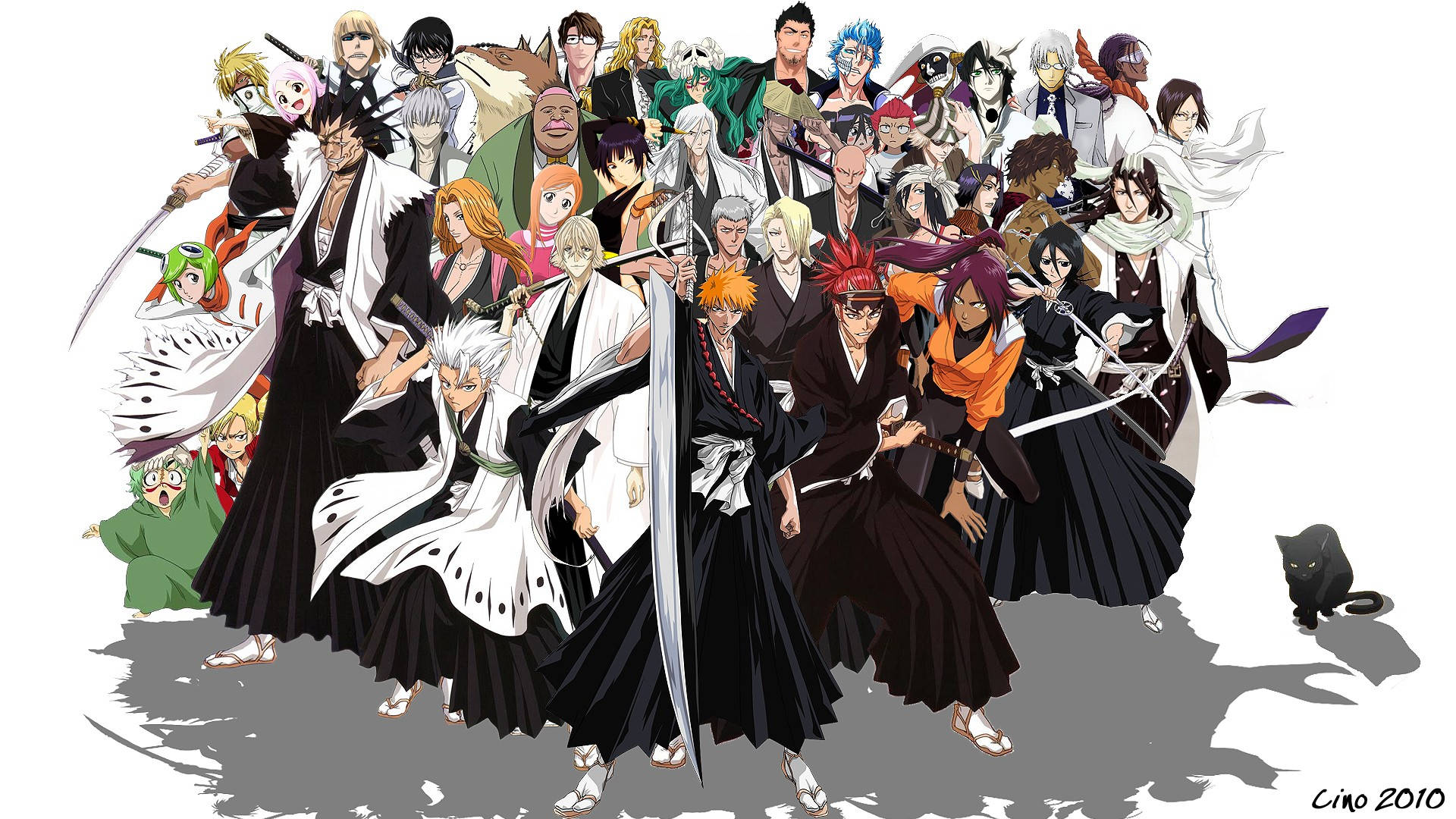 《Bleach》動畫角色穿著黑白服裝並手持劍，與一隻小黑貓擺姿勢。