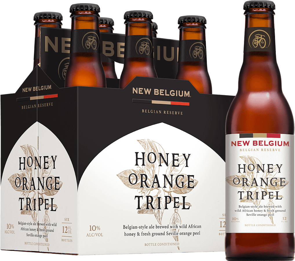 新比爾根蜂蜜橙色特比爾啤酒 壁紙 — 六瓶琥珀色的 New Belgium Honey Orange Tripel 啤酒，裝在帶有金箔裝飾的黑白紙板提架中。