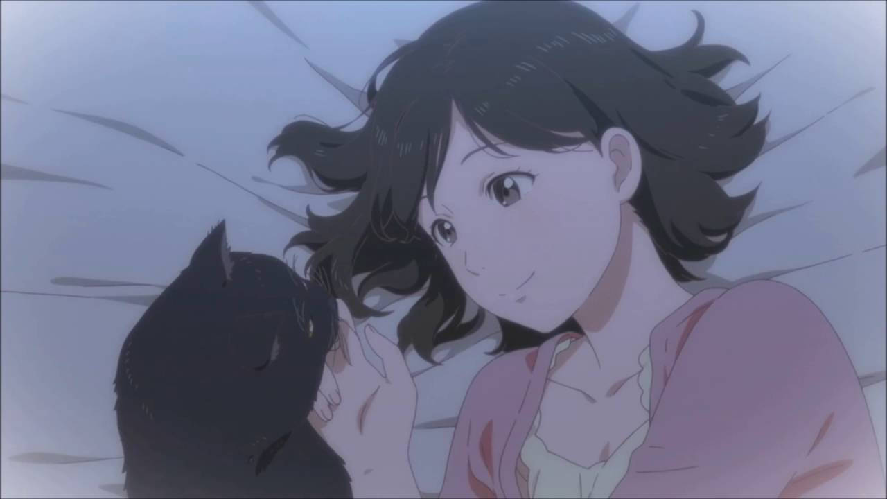 新海誠《她與她的貓》米優與小貓 壁紙 — 一位黑髮的年輕動漫女孩在柔和模糊的背景中輕輕撫摸一隻黑貓。