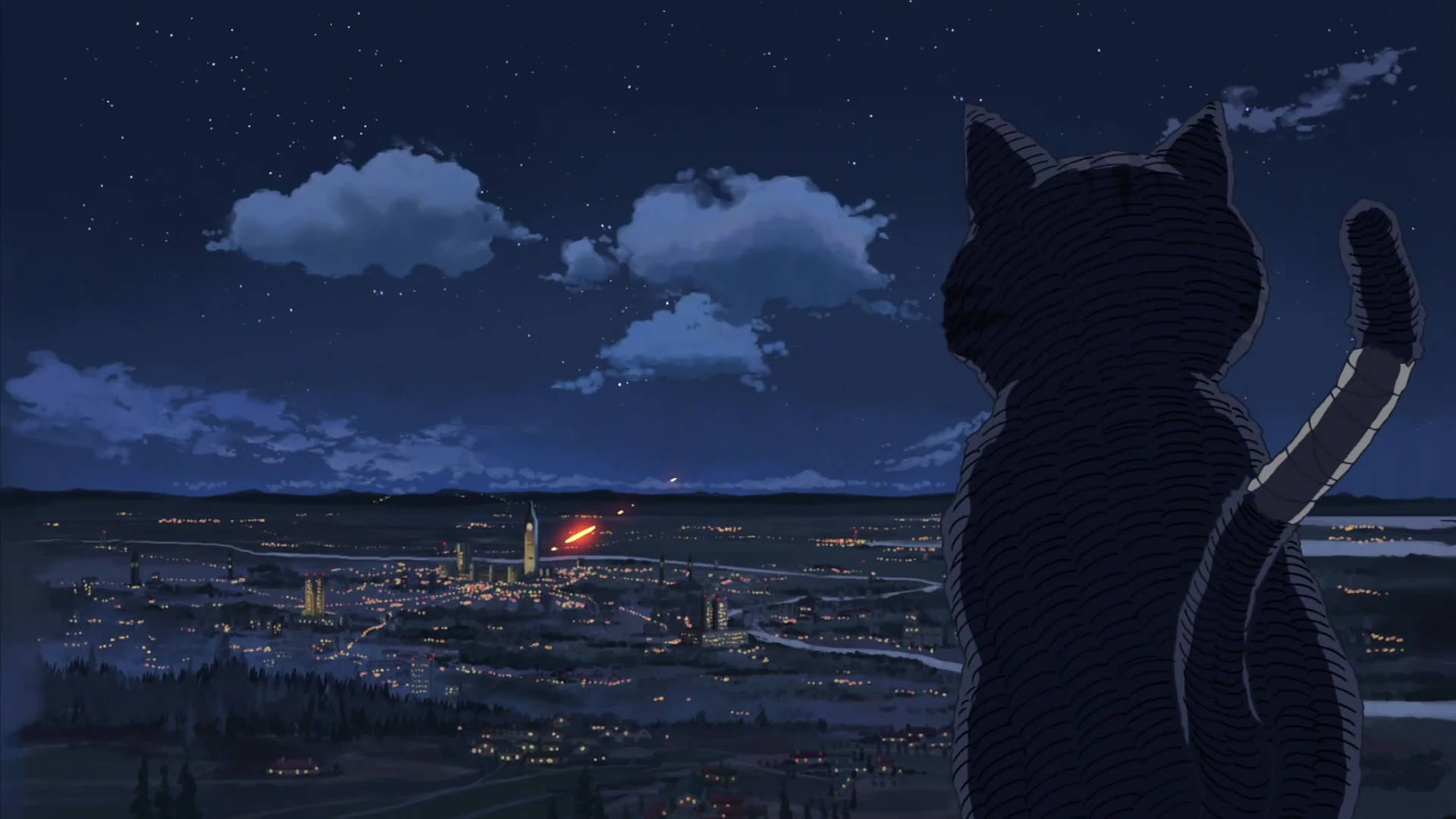 新海誠《貓的集會》Chobi 夜景 壁紙 — 一個大型貓剪影在繁星點點的夜空和飄浮的雲朵下，凝視著閃爍的城市景觀。