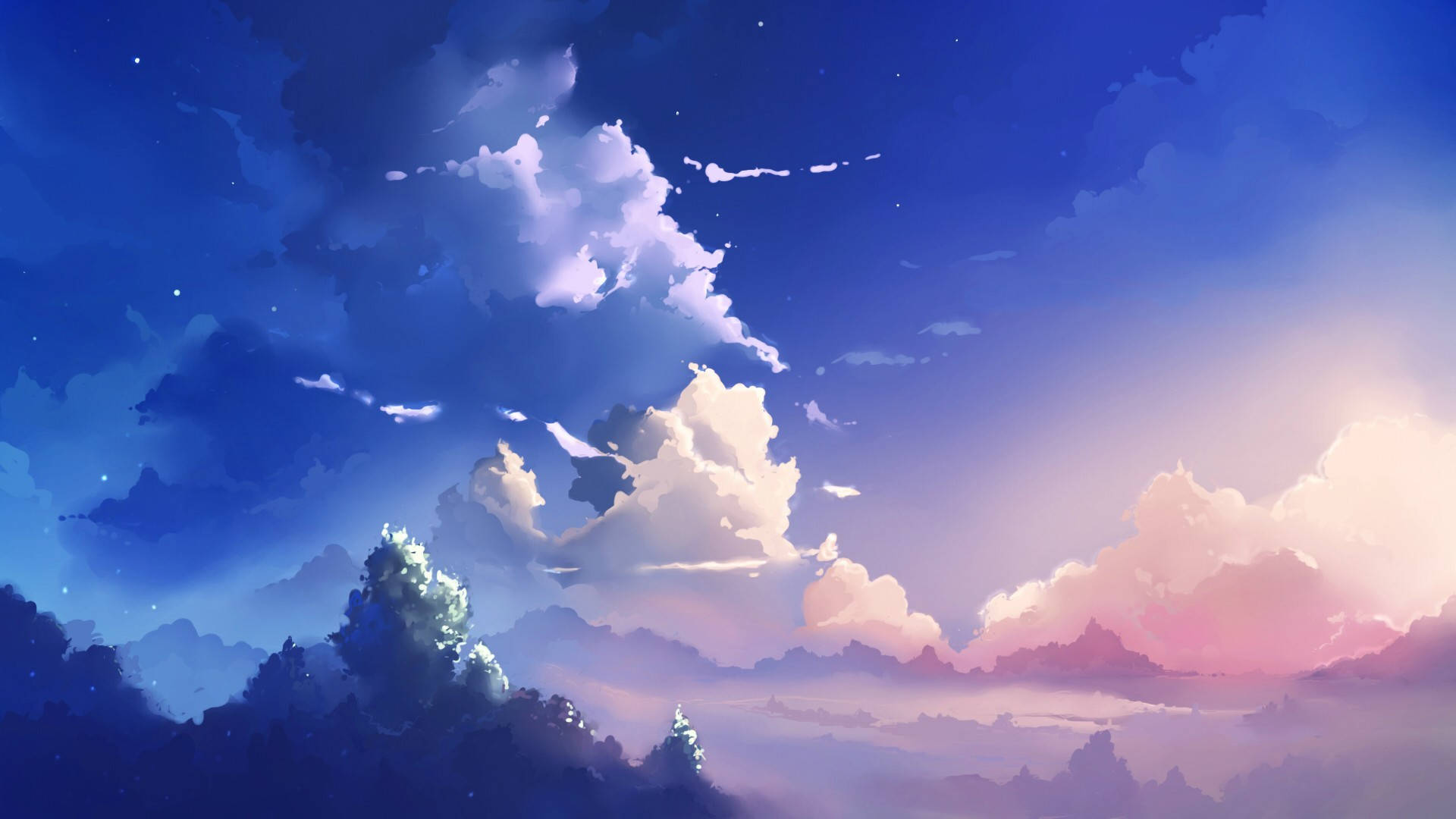 新海誠動畫風景 壁紙 — 一片寧靜的暮色天空，在繁星點點的蒼穹下，以柔和的粉紅與深藍雲彩繪於霧氣繚繞的山巒之上。