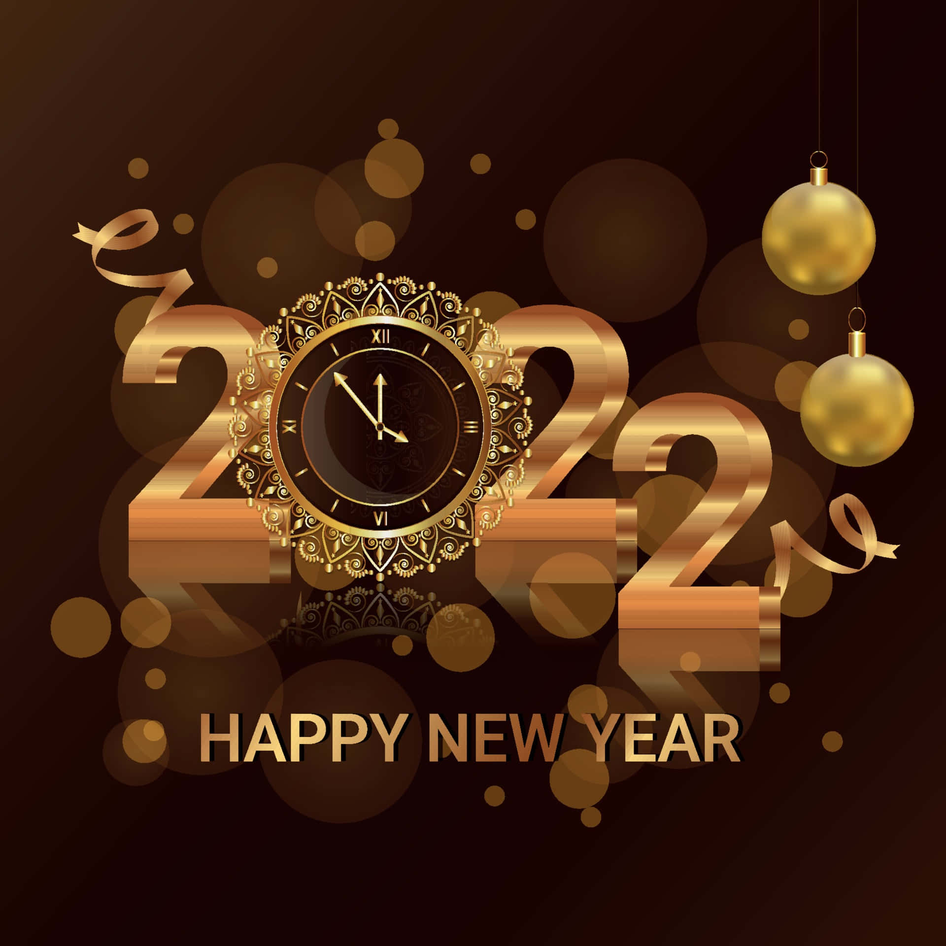 金色2022年新年時鐘，帶有裝飾和節日文字，背景為深色。