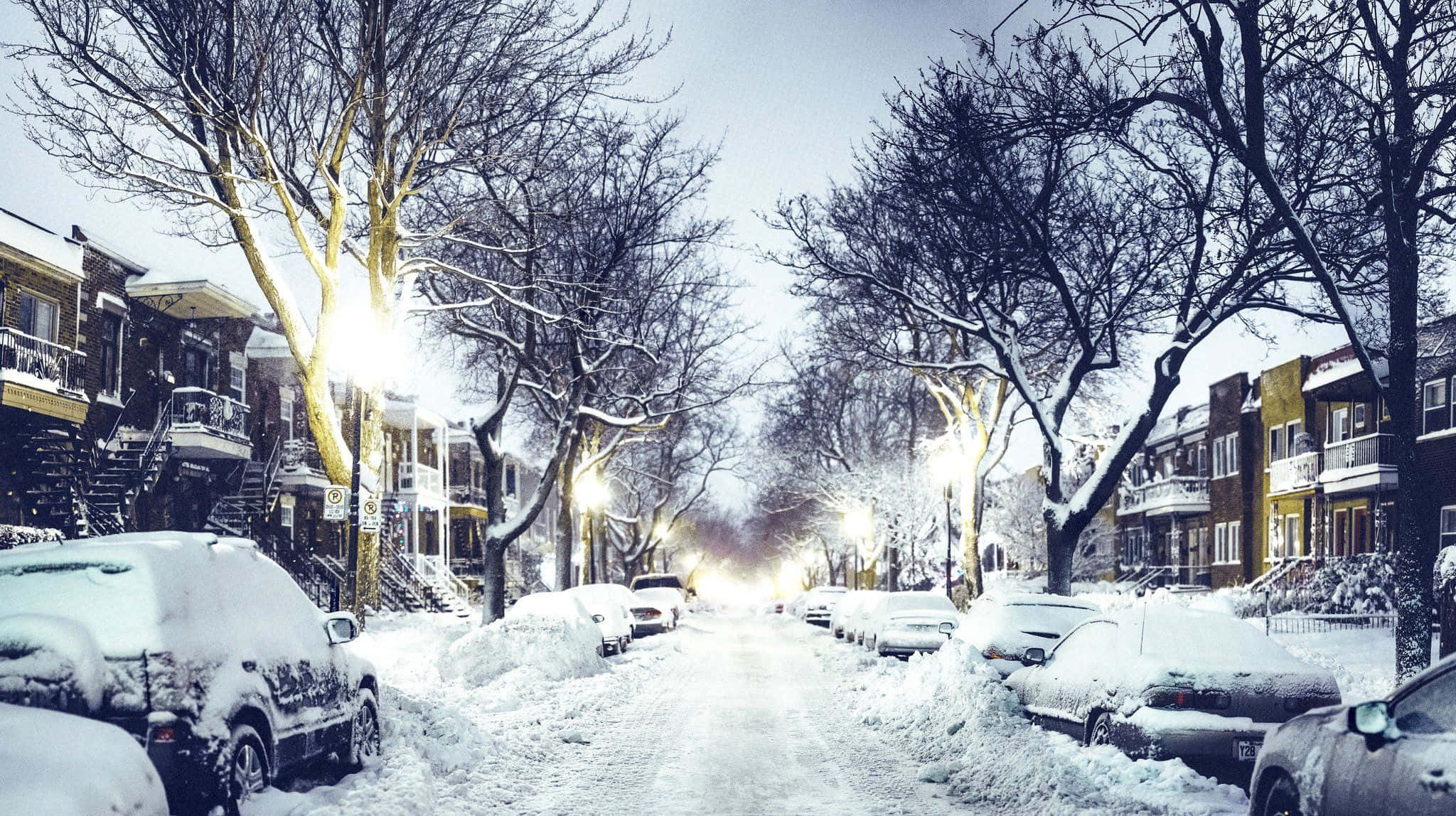 新罕布什爾州的壯麗冬季仙境 壁紙 — 白雪覆蓋著停泊的汽車和光禿禿的樹木，排列在一條寧靜的住宅街道上，在黃昏時分閃爍的街燈下。